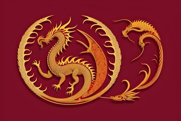 Fototapeta premium ancient art of a asian, chinese, japanese dragon. Red and gold colors. Royalty. Vintage, antique. traditional, culture, mythology, legend, symbol, power, strength, wisdom, heritage, history, ornate