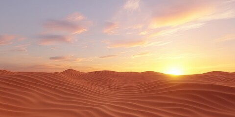 Fototapeta premium A serene desert landscape at sunset, featuring soft sand dunes bathed in warm, golden light, creating a tranquil and picturesque scene.