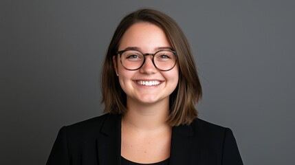 Fototapeta premium A smiling woman in glasses wearing a black blazer against a neutral background, exuding confidence and approachability.
