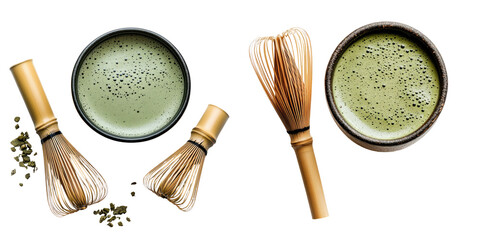 Matcha tea served in bowls with traditional whisks on a transparent background.
