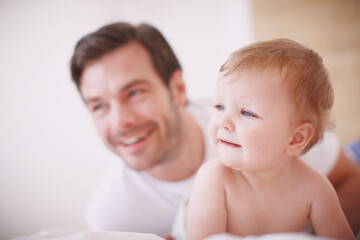 Baby, father and relax together in home, love and learning motor skills in bedroom for growth. Development, infant daughter and security in relationship, childcare and support with family safety