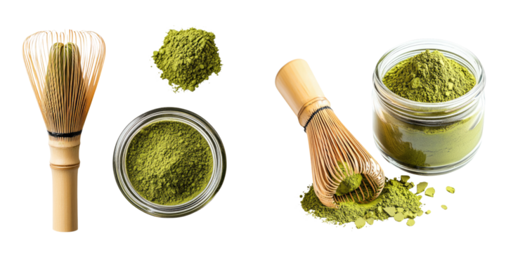 Matcha tea accessories with green powder in jars and a whisk on a transparent background. - Powered by Adobe