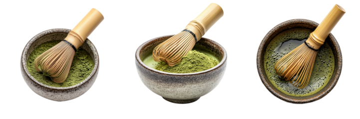 Traditional matcha preparation in three bowls with a bamboo whisk.