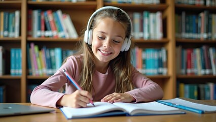A young girl wearing headphones is sitting at a desk in a library, smiling as she writes in her notebook with a pencil. The background features a bookshelf filled with books.