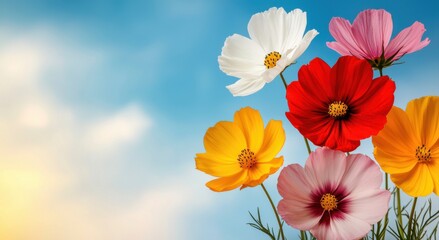A vibrant assortment of colorful flowers against a bright blue sky, creating a cheerful and...