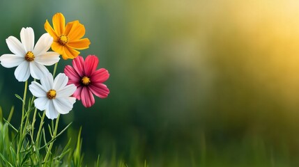 A vibrant cluster of colorful flowers blooming in a lush green field, creating a cheerful and inviting atmosphere.