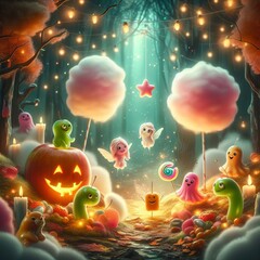 Cotton candy and caramel apples becoming characters in a whimsic