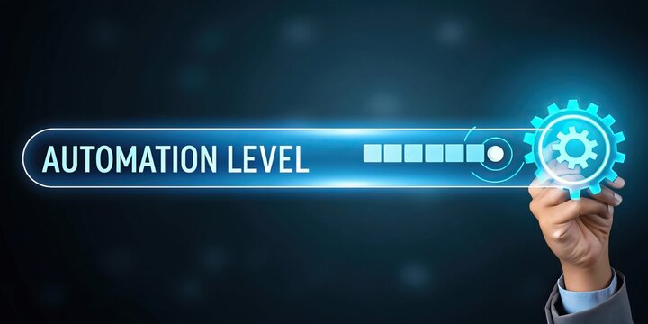 Robotic Process Automation (RPA) streamlines workflows and boosts efficiency. A hand is adjusting a digital gauge displaying the automation level
