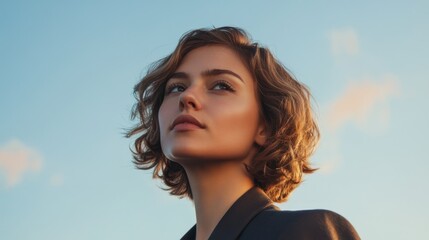 A confident woman with short pixie hair wearing sunglasses and a leather jacket, walking through a city street.