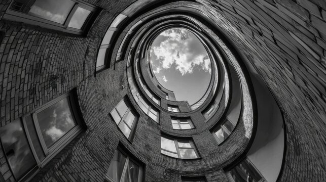 Black and white spiral architecture with skylight, looking up at a modern, curved building.
