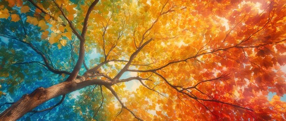 Vibrant Autumn Colors of Trees Under a Clear Blue Sky