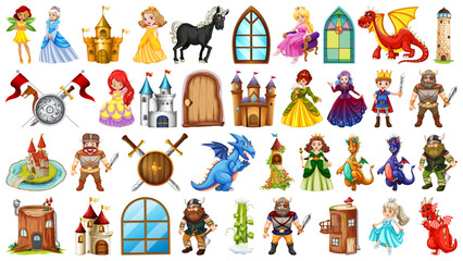 Naklejka premium Fantasy Cartoon Characters & Props Set – Dungeon, Dragon, Shield, Swords & Viking Warrior (EPS)