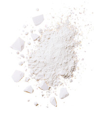 isolated transparent Background. pile of fine white powder and irregular chunks scattered on clean surface