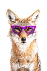 Fototapeta premium Coyote wearing stylish purple sunglasses posing for the camera in a bright studio setting. Fun animal portrait capturing a playful and trendy vibe.