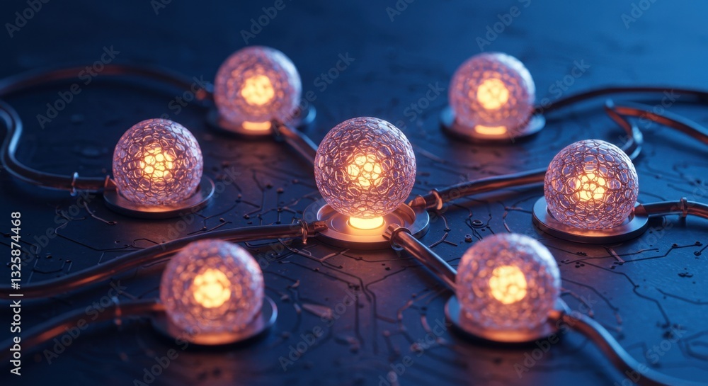 Poster illuminated network: interconnected glowing spheres representing global connectivity and technologic