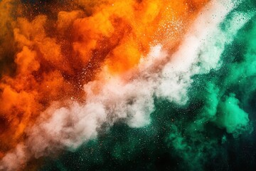 Vibrant Colorful Smoke Explosion in Tricolor Orange White Green, Vibrant orange, indian flag colors