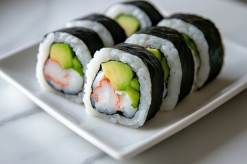 Fresh Sushi Rolls with Avocado and Imitation Crab Meat on White Plate