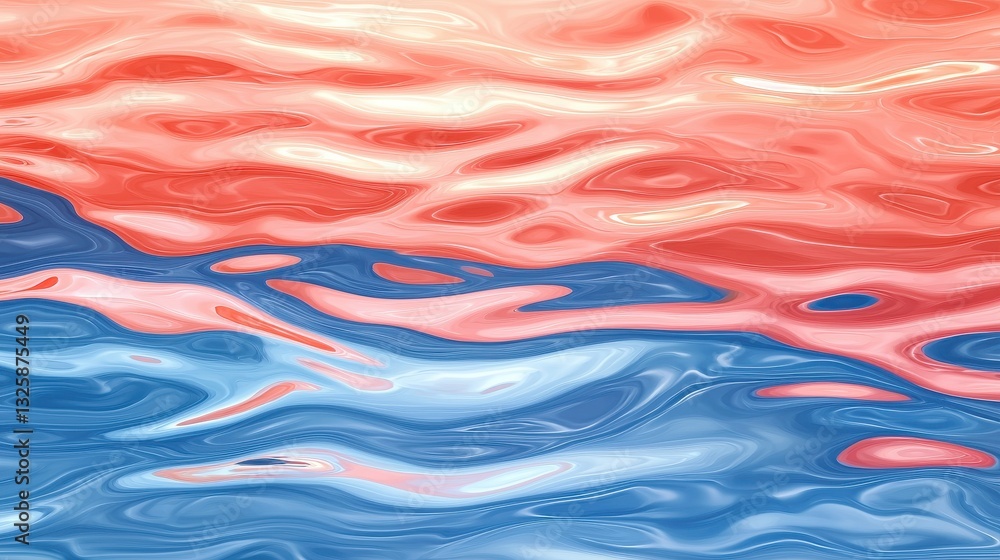Poster a colorful abstract representation of water, showcasing flowing waves in shades of red, pink, and bl
