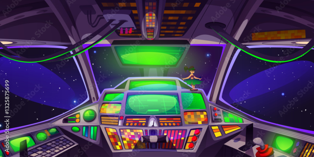 Aufkleber futuristic cockpit of sci fi spaceship. illuminated control panels, buttons and levers for spacecraf