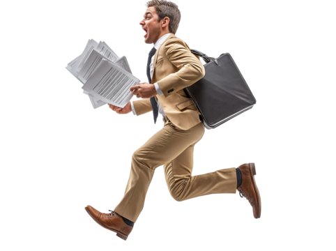 Man Running with Rolled Up Plans Under Arm