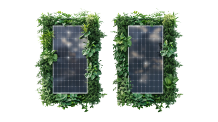 Solar panels covered by lush vegetation on transparent background