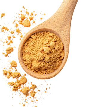 isolated transparent Background. Organic cumin powder in wooden spoon with velvety fine texture and scattered granules