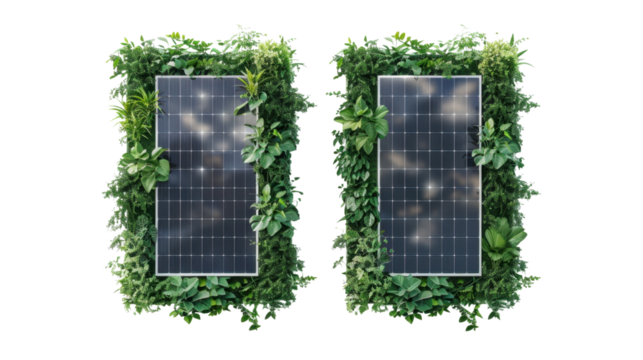Solar panels covered by lush vegetation on transparent background