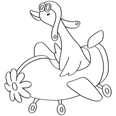 Hand-draw Silly Goose Goose Flying a Retro Plane, Doodle Outline