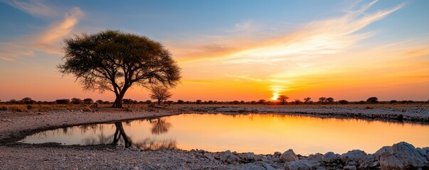A serene landscape featuring a tranquil pond and a majestic tree under a colorful sunset sky, reflecting nature's beauty.