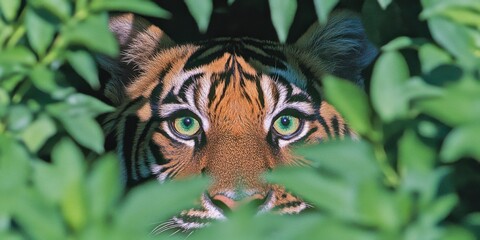 A tiger peers through dense green foliage, showcasing its striking eyes and unique fur patterns in a natural habitat.