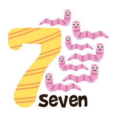 Vector image of the numbers seven and seven cute worms. Math for kids