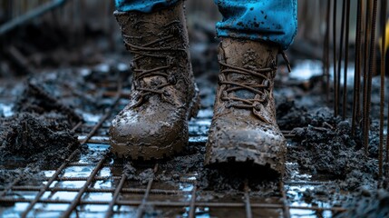 Muddy work boots on construction site with steel rods
