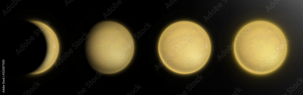 Poster glowing yellow realistic moon phases set - full orb to thin crescent. astronomical objects with crat