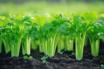 Obraz premium A vibrant cluster of green plants with slender, leaf-clad stems rises from rich soil, exuding vitality and life. Each leaf gleams with fresh, bright green hues