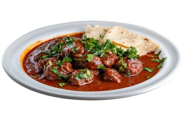 Spicy Meatballs in Rich Tomato Sauce with Fresh Herbs and Soft Bread on White Plate