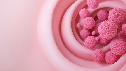 A swirling abstract design featuring pink spheres against a soft pink background, evoking a sense...