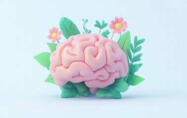 A 3D pink brain with green leaves and flowers on a light blue background. mental health. world health day