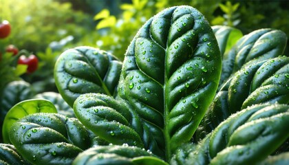 Fresh spinach leaves covered in morning dew in a lush green organic farm with soft sunlight

