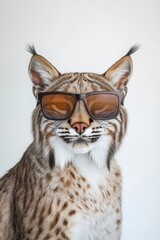 Obraz premium Lynx wearing stylish sunglasses posing for a fun portrait in a studio environment, showcasing playful animal photography and unique pet fashion concept.