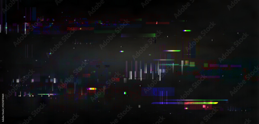 Poster vibrant digital glitch background with random pixel noise, distorted effect on black. rgb color arti