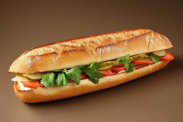 Freshly Made Sub Sandwich on Wooden Surface with Colorful Ingredients and Crunchy Texture