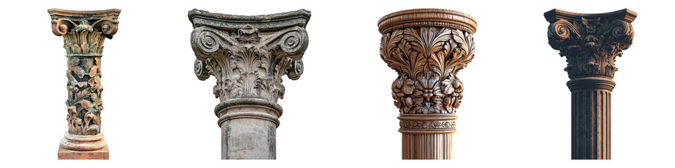 Naklejka premium Antique column isolated on transparent background, PNG, Set of