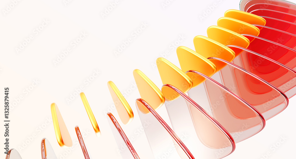 Poster abstract 3d background with row of red glass transparent and gold plastic triangle plate shapes rend
