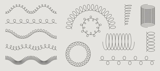 Spring and coil shapes collection - various spiral, wavy and looped lines. Minimalist doodle monochrome design elements set. Hand drawn vector squiggles and curves for borders, dividers, decorations.