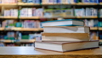 closeup of stack of books on table in library with blurred bookshelf background