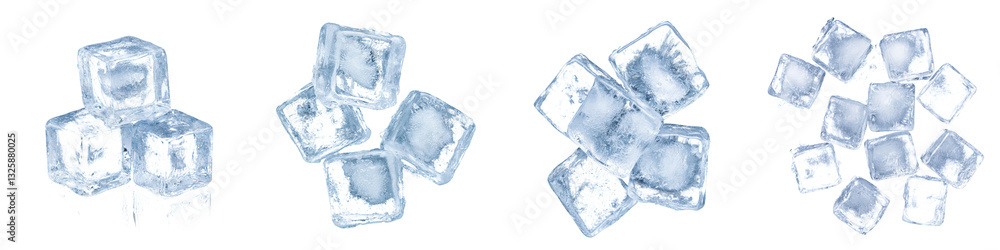 Poster assortment of transparent and shiny ice cubes with unique shapes frozen and stacked together for coo