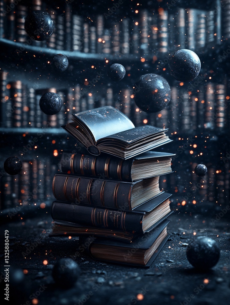 Poster an infinite library with books that float mid-air, each page turning by itself, illuminated by float