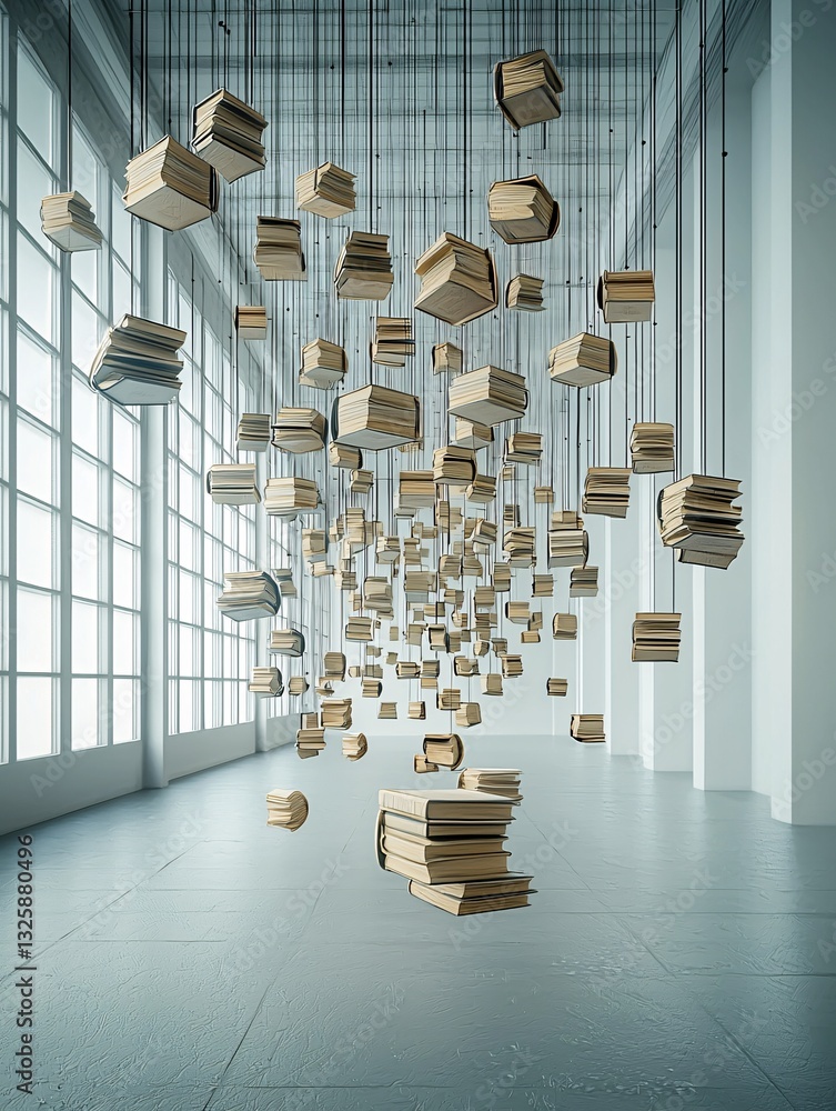 Poster an infinite library with books that float mid-air, each page turning by itself, illuminated by float