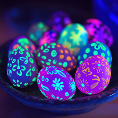 Fototapeta premium Glow in dark Easter eggs with vibrant fluorescent paint create festive atmosphere. These colorful eggs are perfect for celebrations and add unique touch to holiday decorations