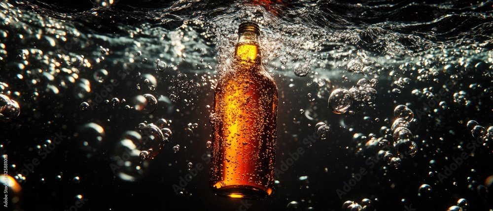 Poster a submerged bottle surrounded by bubbles, creating a captivating underwater scene with reflections o